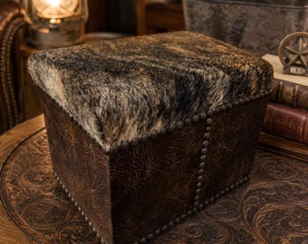 Small Genuine Brindle Cowhide Ottoman | Western Footstool | Rustic Leather Pouf | Farmhouse Home Decor Accent