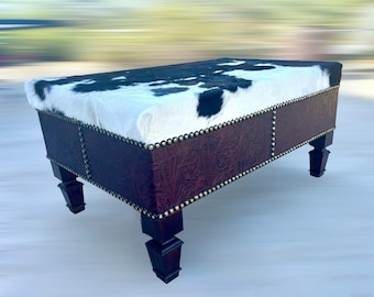 Embossed Leather Cowhide Ottoman, Western Cowboy Decor, 36” x 24"