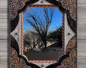 Customizable Tooled Leather Cowhide Western Mirror, Reclaimed Barn Wood Frame