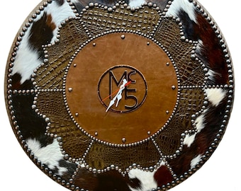 Large Personalized Cowhide Leather Wall Clock, Western Decor (36 inch)