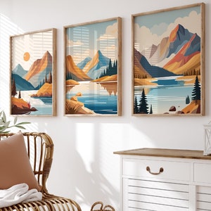 Mountain Illustration, Set of 3 Prints, Abstract Wall Art, Landscape, Mountain and Lake View, Boho Home Decor, Digital Download