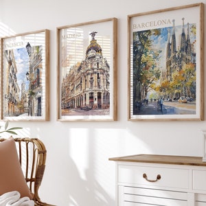 Arte mural de ciudades de España, juego de 3 impresiones, Barcelona, Madrid, Valencia, póster de viaje, descarga digital, alta calidad, paisaje urbano de España