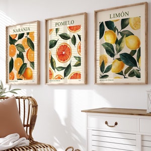 Set of 3 Citrus Prints, Lemon, Orange, Grapefruit, Boho Kitchen Decor, Citrus Wall Art, Digital Download, Printable Art, Kitchen Art