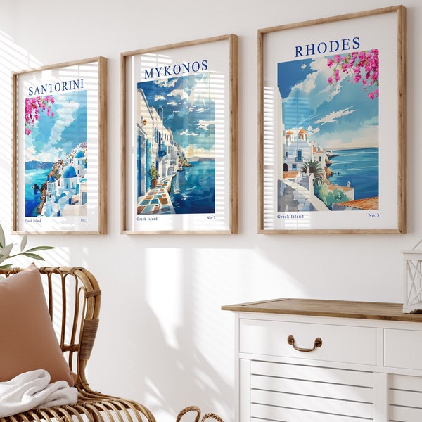 Greece Set of 3 Prints, Greek Island Wall Art, Santorini, Mykonos, Rhodes, Summer Poster, Travel Poster, Mediterranean, Peaceful