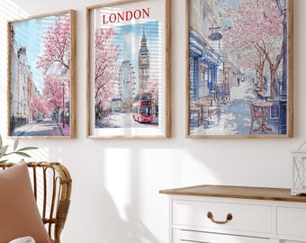 ロンドンのスカイライン プリント 3 枚セット、ロンドン三連画水彩画