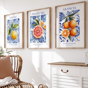Conjunto de 3 impressões cítricas, conjunto de pôsteres cítricos mediterrâneos italianos, limão, laranja, toranja, arte positiva, download digital, arte de parede de cozinha