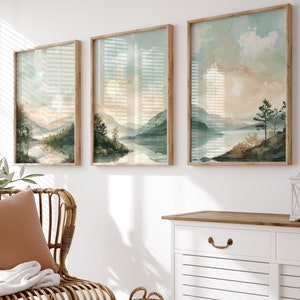 Landscape Set of 3 Prints, Abstract Wall Art, Peaceful Lake, Mountain and Full Moon Painting, Soft Sage Green Color, Boho Home Decor