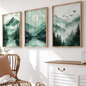 Landschafts-Set mit 3 Drucken, friedliche Wandkunst, See und Wald, Berg- und Vollmondmalerei, weiche salbeigrüne Farbe, Boho Wohndekor