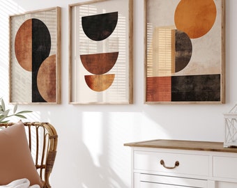 Abstract Geometric Prints Set: Warm Earth Tones, Vintage Effect (Digital Download) (Set of 3)