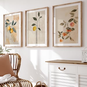 Set of 3 Citrus Prints, Lemon and Orange, Boho Kitchen Decor, Watercolor Citrus Wall Art, Positive Artwork, Digital, Printable Art