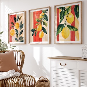 Conjunto de 3 artes de parede com limão, estampas vibrantes para cozinha, decoração cítrica em aquarela, arte para impressão com frutas de verão, download digital mediterrâneo