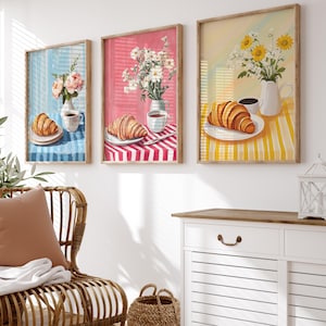 Conjunto de 3 impressões, arte de parede para impressão de café e croissant, decoração de cozinha para café da manhã francês, arte aconchegante para cafeteria, pôster de café da manhã