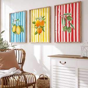 Conjunto de arte de parede com frutas mediterrâneas, estampas de limão, laranja e azeitona, decoração colorida para cozinha, download digital de 3 peças