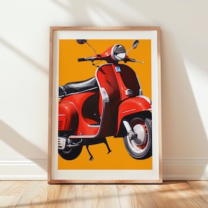 Impresión de arte de pared de scooter rojo retro, descarga digital, imprimible, póster de motocicleta, póster de scooter rojo vintage, alta calidad