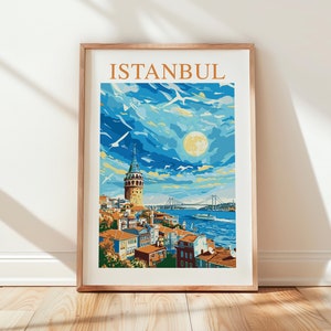 Arte mural con paisaje de la ciudad de Estambul, Torre de Gálata, Puente del Bósforo, descarga digital, alta calidad, ilustración, decoración de pared moderna, viajes