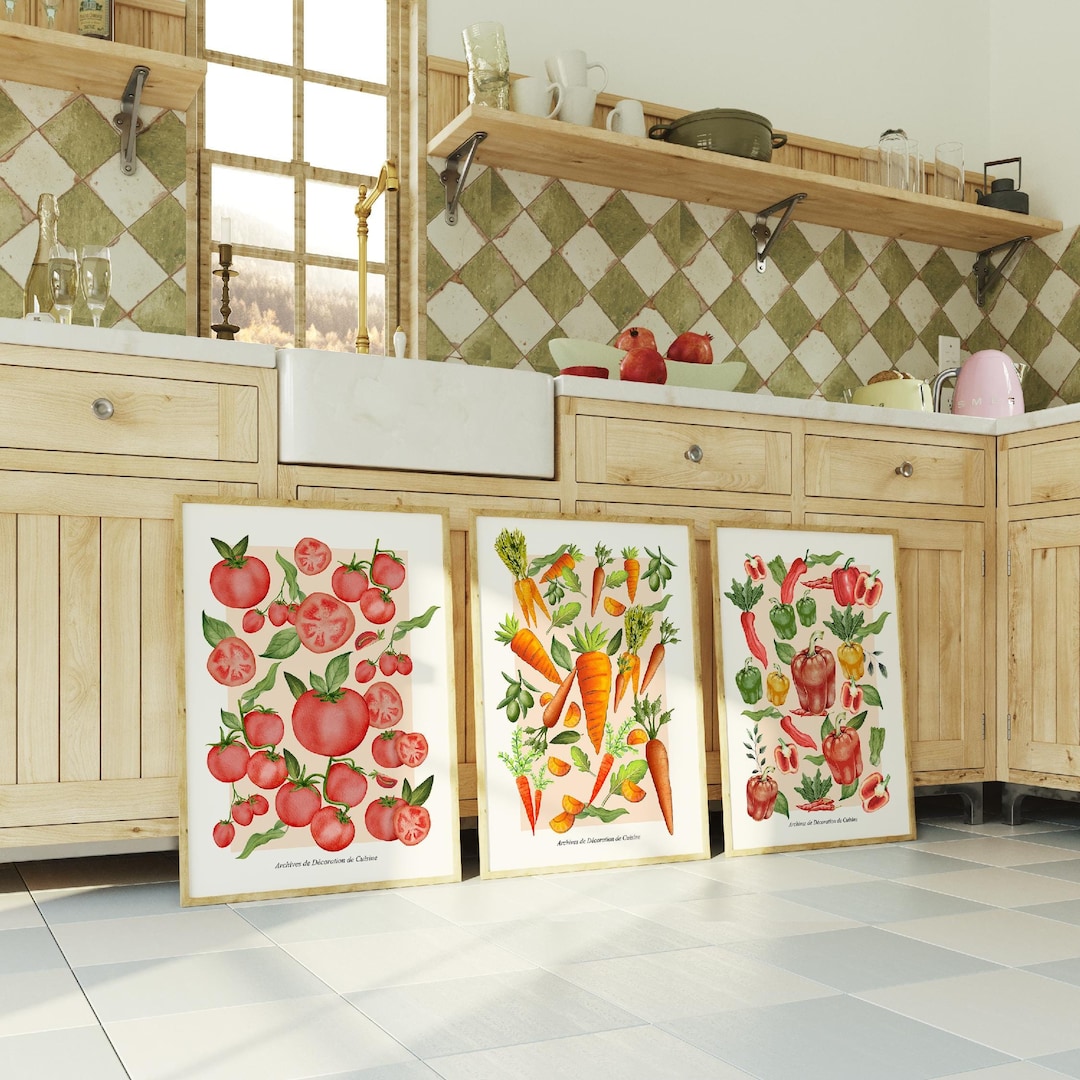 rustic vegetable kitchen prints | 3-piece wall art |... Kitchen Wall Art, Set of 3 Vegetables Prints, Tomato, Carrot, Pepper ...