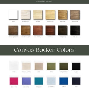 Pode incluir: Imagem mostrando uma tabela de cores para op&ccedil;&otilde;es de molduras e fundos de tela. As cores das molduras incluem branco, branco antigo, natural, pinho dourado, carvalho quente e mais. As cores dos fundos de tela apresentam branco, tela natural, areia, azeitona, verde antigo e v&aacute;rias outras tonalidades.