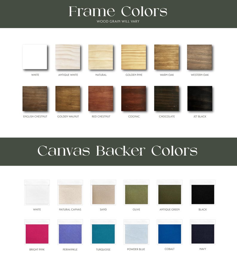 Pode incluir: Imagem mostrando uma tabela de cores para op&ccedil;&otilde;es de molduras e fundos de tela. As cores das molduras incluem branco, branco antigo, natural, pinho dourado, carvalho quente e mais. As cores dos fundos de tela apresentam branco, tela natural, areia, azeitona, verde antigo e v&aacute;rias outras tonalidades.