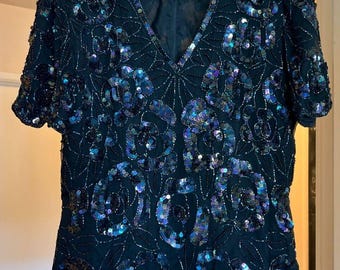 PAPELL Boutique Evening Blouse  Sz M Vintage 80s Black Sequin Beaded Silk V Neck