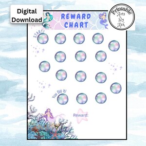 May include: A printable mermaid-themed reward chart with 12 iridescent bubbles to color in. The chart features a mermaid with purple hair and a pink tail, and the text "Reward Chart" and "You Did It!"