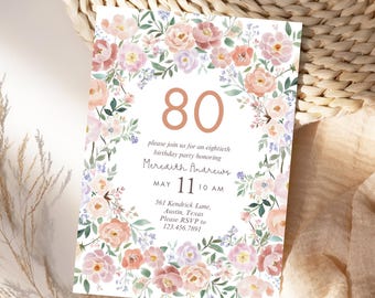 Invitación de cumpleaños número 80 con flores de acuarela rosa / Elegante plantilla de invitación de cumpleaños número 80 con flores de acuarela imprimible electrónicamente