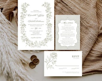 Vintage Charlotte Wedding Invitation Suite – Digital Download Wedding Invitation | Woodland Romantic Sage Green Wedding Invitation Template