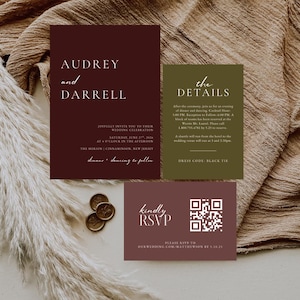 May include: A wedding invitation suite in burgundy and olive green, featuring three cards. The main card announces "Audrey and Darrell" and the wedding details. A smaller card provides further information, and another invites guests to RSVP.