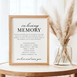 May include: A framed sign with the words "in loving MEMORY" in black script. The sign includes a heartfelt message and a list of names. A clear glass vase with dried pampas grass sits on a wooden table next to the sign.