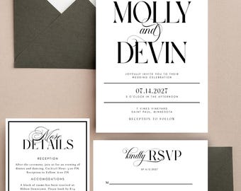 Conjunto de invitaciones de boda elegantes MOLLY: descarga digital de invitaciones de boda / Plantilla de invitación de boda en blanco y negro
