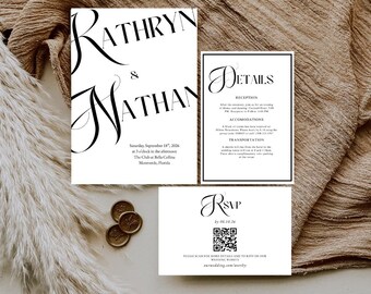Suite de invitaciones de boda elegantes KATHRYN: descarga digital de invitaciones de boda / Plantilla de invitación de boda en blanco y negro con tipografía