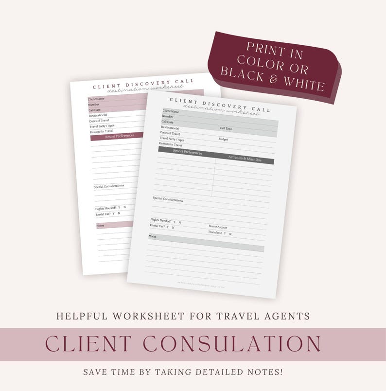 Client Discovery Call Worksheet for Consultation With Client Travel ...