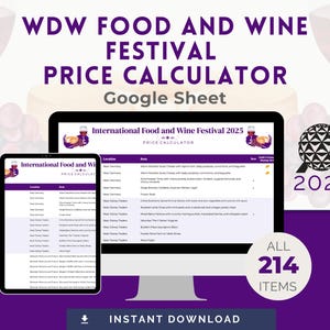 May include: A digital display showing a food and wine festival price calculator. The screen displays a list of items with locations and notes. The text "WDW Food and Wine Festival Price Calculator" is at the top. The image also includes a tablet with the same information.