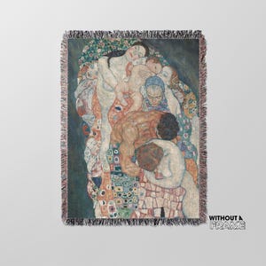 May include: A woven tapestry featuring a colorful depiction of a group of people, including a woman with her arms around a child, a man with his arms around a woman, and a group of people in the background. The tapestry is made of a variety of colors, including red, blue, green, and yellow.