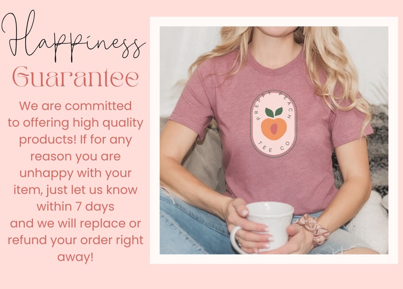 May include: A pink t-shirt featuring a peach graphic and the text "PREPPY PEACH TEE CO.". The shirt is being worn by a person sitting on a sofa.