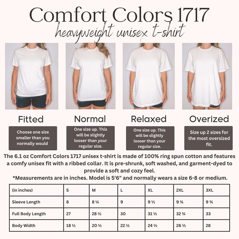 May include: A size chart for a unisex t-shirt made of 100% ring spun cotton. The chart shows the measurements in inches for sleeve length, full body length, and body width. The chart also shows the different fit options for the t-shirt: fitted, normal, relaxed, and oversized.