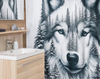 Mystic Wolf Shower Curtain - Wolf Artwork, Forest Wolf, Mystic Art, Wild Canine, Nature Art, Wolf Canvas, Animal Art, Pine Trees, gift