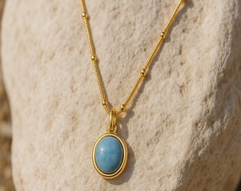 Collier pendentif aigue-marine délicate : acier inoxydable plaqué or 18 carats