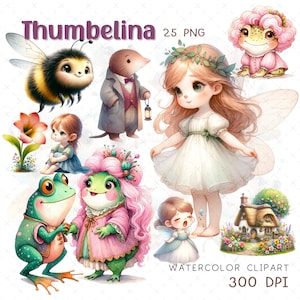 Thumbelina Clipart Märchen png Aquarell Clipart Design Thumbelina Sublimation Fee Geschenk für Mädchen Geburtstag Thema Kinder PNG