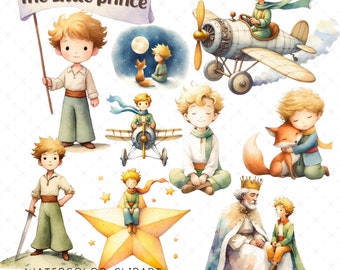 May include: Watercolor clipart set featuring The Little Prince, a fox, a plane, and a star. The set includes 24 PNG files at 300 DPI.