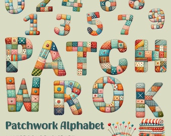 Alfabeto patchwork: Letras de tela con acuarela (descarga digital PNG)
