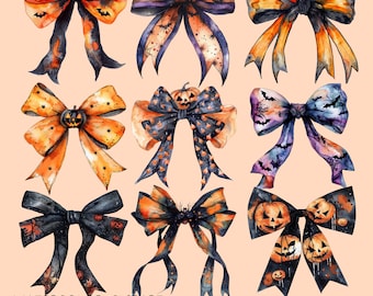 Halloween Bow Clipart Collection: Spooky Watercolor Bows (PNG Digital Download)