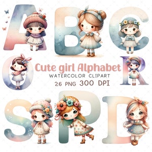 Niedliche Mädchen-Alphabet-ClipArt-Grafiken von A bis Z, Mädchen-Buchstabe PNG für Kinderzimmer-Wandkunst-Bilddateien, Klassenzimmer-Dekor, Kawaii-Mädchen-Sublimation