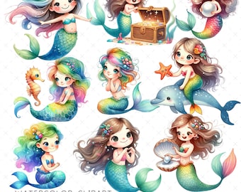 Little Mermaid Clipart | Watercolor Princess PNG Images (Digital Download)