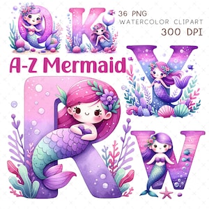 Alphabet des cliparts sirène de A à Z Fichiers image PNG de A à Z Sublimation de l'alphabet art mural pour chambre d'enfant, décoration pour fille, lettres uniques de l'alphabet anglais