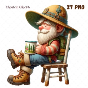 Camping Gnome Clipart Trekking Gnome acuarela clipart Senderismo Gnome nuresy arte de pared para amantes de los Gnomos Holiday Gnome fogata clipart al aire libre