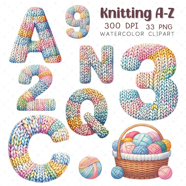 Knitting alphabet A-Z Clip art watercolor Alphabet image files Knitted Alphabet Letters Clipart Sublimation Png Watercolor Yarn Ball DIY png