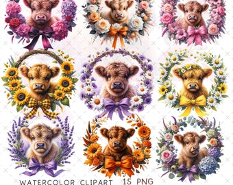 Wreath highland cow clipart collection of watercolor highland cow PNG Flag sign wreath floral highland cow sublimation flower bundle png