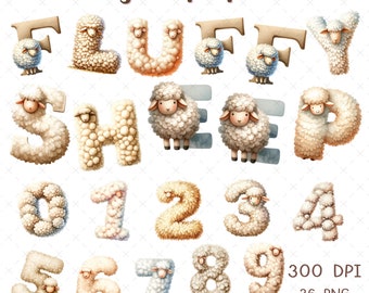 Sheep Alphabet Clipart: Fluffy Wool Letters, Nursery Decoration (PNG)