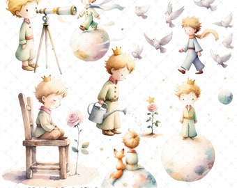 May include: Watercolor clipart set featuring the Little Prince in various scenes. The set includes the Little Prince with a telescope, watering a rose, sitting on a chair, and standing on a planet with a fox. There are also images of doves and stars.