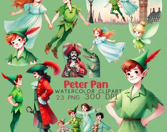 Peter Pan Watercolor Clipart, Fairy Tale Theme (PNG Files)